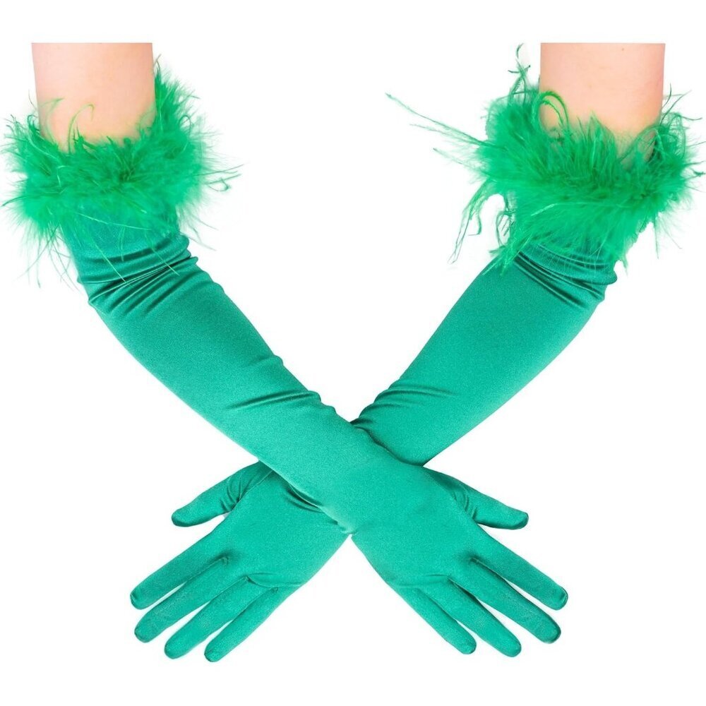 Women's Evening Green Feather Long Satin Gloves Stretchy Elbow Halloween Costume